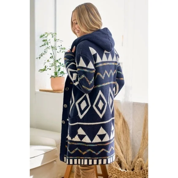 SOLD OUT Navy Rainbow Aztec Sherpa Lined Knit Button Hooded Cardigan Long Sleeve - Picture 7 of 7